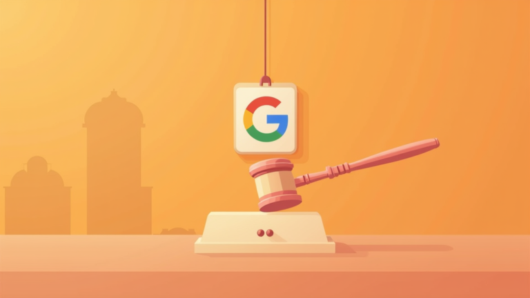 A flat vector illustration of a gavel striking a sound block in a court setting. The background features a gradient of vibrant orange to peach hues. This illustration uses the minimalist, flat design style and color palette. Google logo hanging on the wall.