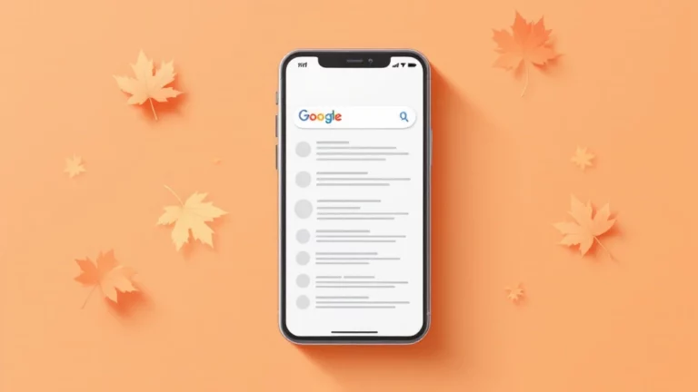 A minimalist flat vector illustration showing the top 1/3 of a smartphone screen displaying a Google search results page. The screen contains simplified text blocks representing AI-generated overviews at the top, followed by traditional search results below. The smartphone is centered on an orange background, with stylized maple leaves in peach tones floating around it.
