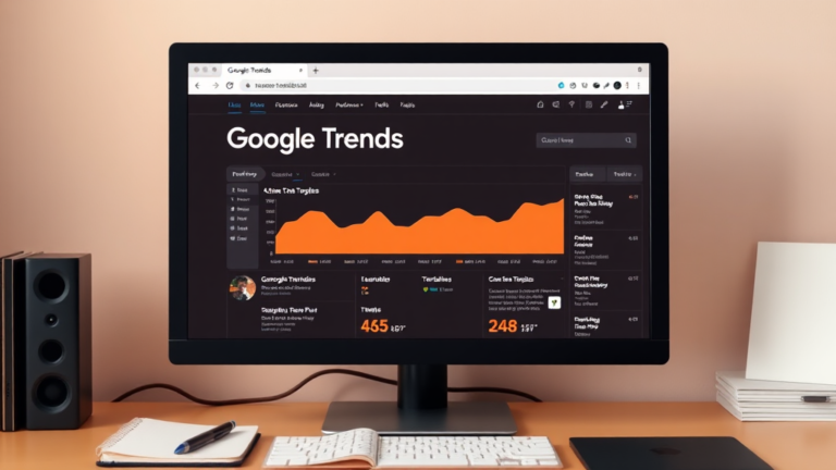 A computer screen displaying the Google Trends interface with colored graphs and trending topics. The screen is placed on a desk with a notebook and pen beside it. The image uses a flat vector design style with shades of orange, peach, black, and white.