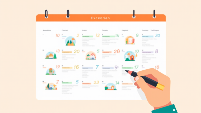 A flat vector illustration of a large calendar with various content types with colorful icons on different dates in english. The calendar is predominantly white with orange and peach accents. A hand holding a pen is shown adding an item to the calendar.