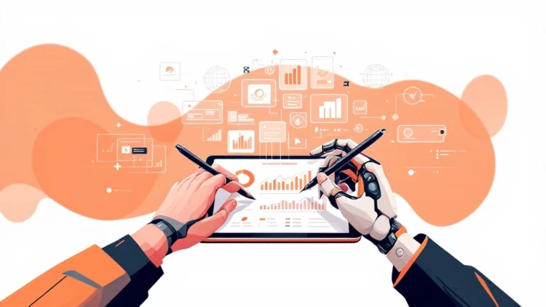 A flat vector illustration showing a human hand and a robotic hand working together on a digital device. The human hand is using a stylus on a tablet, while the robotic arm extends from the side, interacting with holographic data projections above the device. The image uses a palette of vibrant orange and peach hues against a white background, with black outlines for contrast. The tablet displays graphs and charts representing lead generation data.