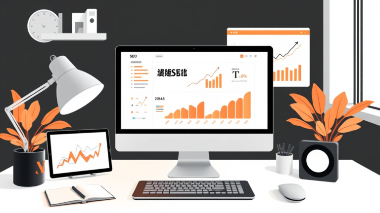 A modern, professional digital workspace featuring a laptop, digital devices, and SEO analytics on the screen. Include visual elements representing growth such as charts and graphs. The color palette should consist of vibrant and earthy orange and peach hues, alongside black and white, ensuring a clean and minimalistic look typical of modern digital illustrations.