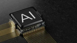 A computer rendered image of an integrated circuit that has the letters AI written on it.