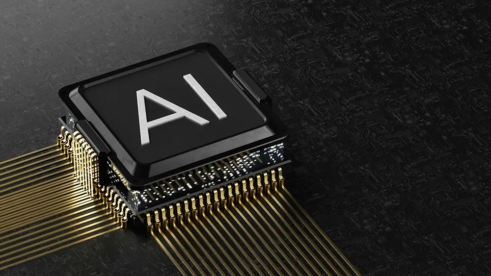 A computer rendered image of an integrated circuit that has the letters AI written on it.