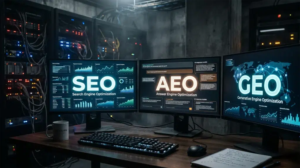 AEO SEO GEO Labels On A Dark Background