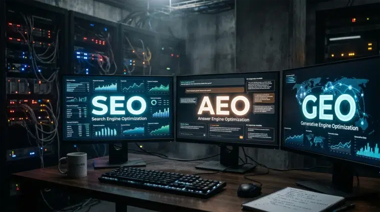 AEO SEO GEO Labels On A Dark Background